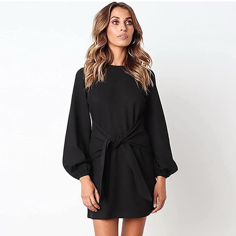Prettygarden Women’s Lantern Sleeve Tie Waist Black Cocktail Dress Size XL